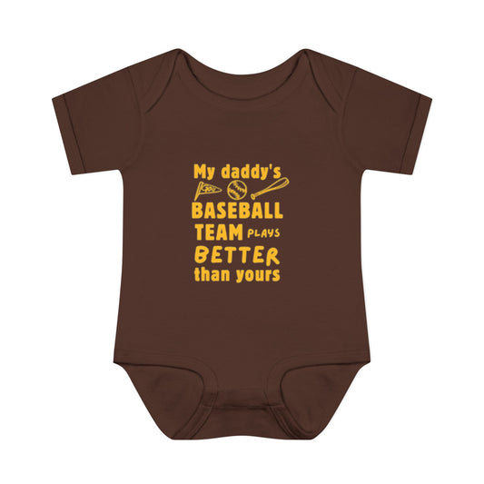 Brown & Gold Baseball Baby Bodysuit – “Daddy’s Little Fan” | San Diego-Inspired Infant Outfit, Baby Shower Gift, Sports Baby Clothes