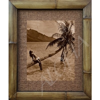 "Girl on Palm" Vintage Tahitian Island Bamboo Framed Art Print