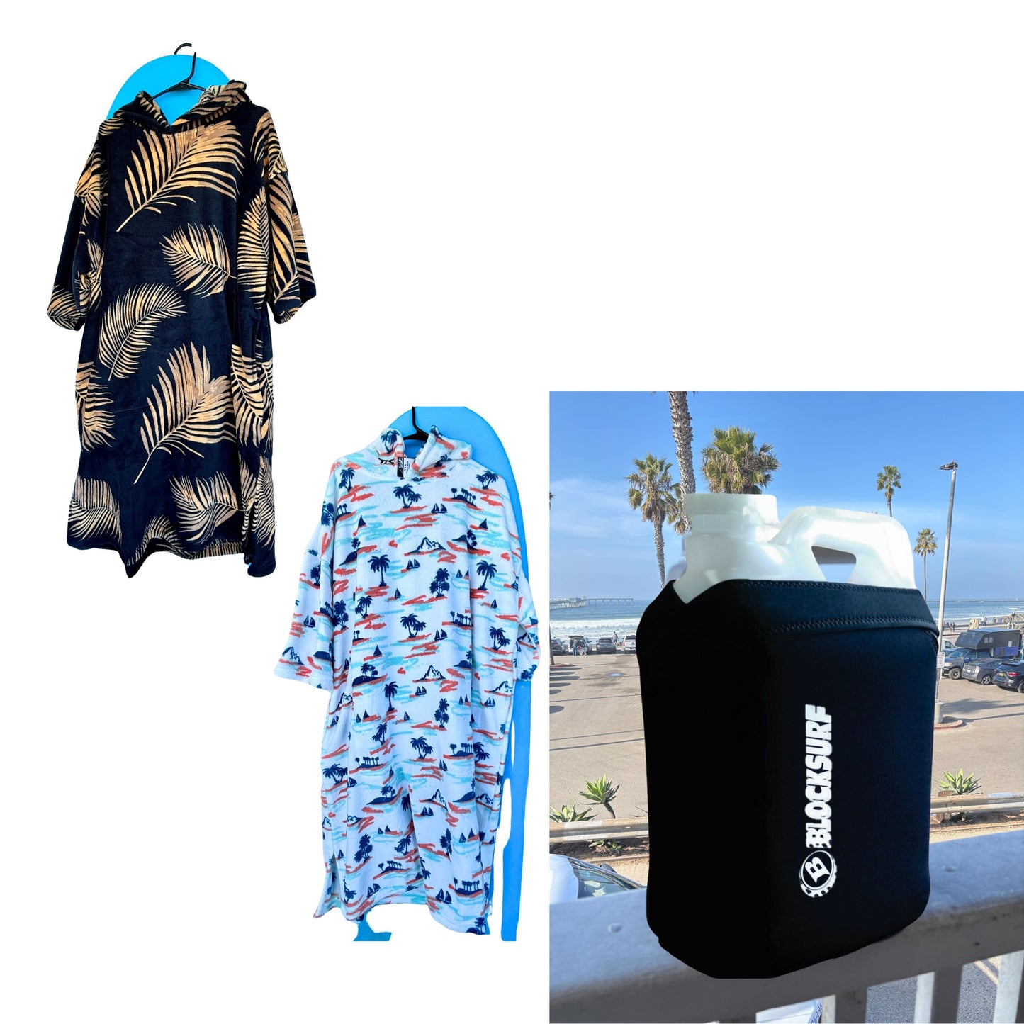 Surfer swimmer paddler Changing poncho robe and portable insulated shower jug