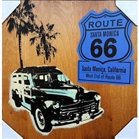 Route 66 & 1948 Woodie Wagon Handpulled Silkscreened Wood Plank Collage Art