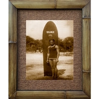 "Young Duke Kahanomolu with Surfboard" Vintage Antique 1920s Photograph Bamboo Framed Art Print