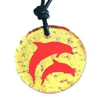 Round Dolphin Dichroic Glass Pendant Necklace by Zula Surfing Blue or Yellow