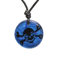 Round Blue Skull Dichroic Glass Surf / Skate Pendant Necklace by Zula Surfing